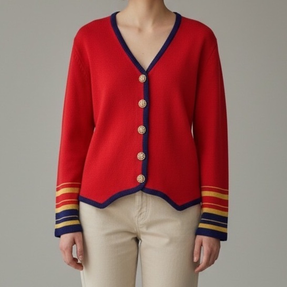 Vintage 80s Nautical Cardigan Lion Head Buttons Striped Red Blue Gold Size 14